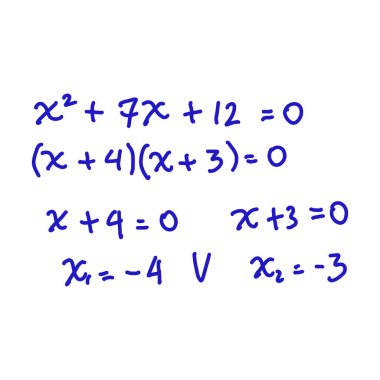 Çarpanlarına ayırarak ikinci dereceden denklemleri çözmek. Cebir, kalkülüs lisesi. Matematiksel formüller. Vektör çizimi. Beyaz arkaplanda izole.