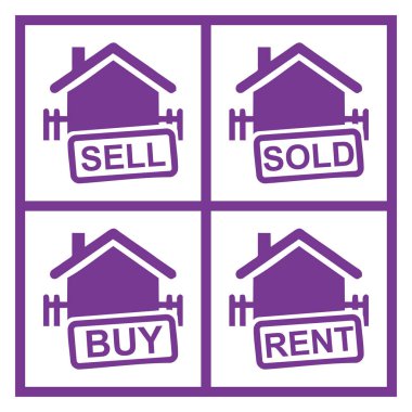 Gayrimenkul satışı temasının simgeleri. Beyaz Arkaplanda İzole Edilmiş Emlak ve Bina Simgeleri