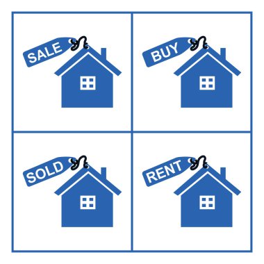 Bir ev şeklinde satılık mavi ikonlar seti. Ev başvurusu sembolleri, satış, kira, satın alma, ev satışı. Web siteleri için ev düğmesi vs.