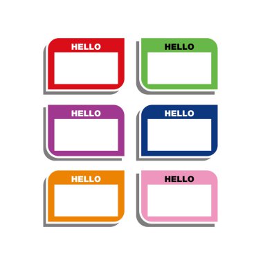 Renkli etiketlerden oluşan 9 şablon çizimi boş metin ile etiketlenmiş. Bir nesnenin, kitabın, çantanın, vb. mülkiyetini gösteren etiket. Sahiplik tanımlaması için isim etiketi, mülkiyet sembolü