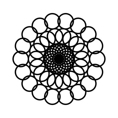 Geometrik şekillerin dairesel desenli tek renkli hatları vektör illüstrasyonudur. Soyut tasarım öğesi. Dini Element tasarım süsü. Sanat tasarımı deseni