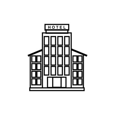Otel binası ikonu. Otel tabelası. Düz tasarım 10. kaynak grafik element tasarımı. Bir bina ve özellik temalı vektör illüstrasyonu