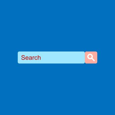 Arama çubuğu, arama motoru çizimi. Mavi arkaplanda arama çubuğu bulunan web sayfasının düz tasarımı