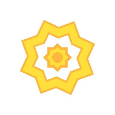 Ağ ve mobil uygulama tasarımınız için beyaz arkaplanda izole edilmiş güneş simgesi vektörü, Güneş logosu kavramı. Kutlama tasarımları veya dini süsler için dini dokular