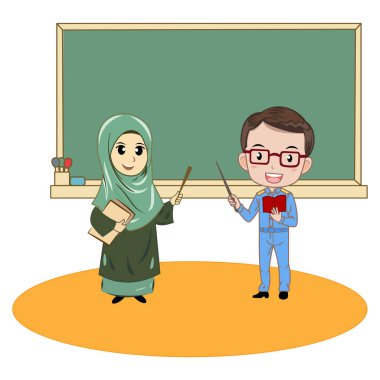 Sınıftaki tahtada Müslüman öğretmen ve öğrenci. Öğretmen karikatür çizimi, öğretmenlik mesleği. Çocuklar için iş tanıtımı için uygun.