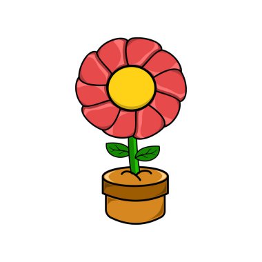 Beyaz arka planda bir saksı illüstrasyonunda çiçek. Şirin çiçek dekoratif resim tasarımı grafiksel düz stil kırmızı ve yeşil. Taze ve güzel kırmızı bir çiçeğin ikonu