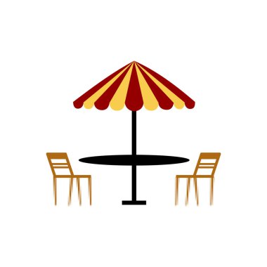 Plaj şemsiyesi ve sandalye ikonu. Düz renk tasarımı. Plaj şemsiyesinin düz çizimi ve web tasarımı için sandalye ikonu. açık kafe tasarım ögesi