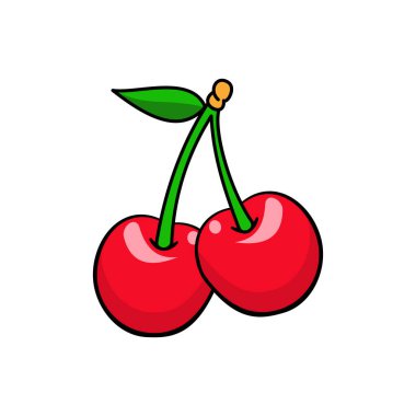 Beyaz arka planda kiraz ikonu. Çizgi film tarzında meyve illüstrasyonu. Kiraz sembolünün basit ve doğal tasarımı. Meyve temel element grafik kaynakları.