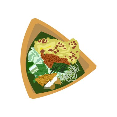 Endonezya mutfağı, Nasi Pecel Pincuk, Endonezya 'nın tipik Madiun mutfağı. Fıstık soslu pilav, fıstık krakeriyle servis edilir.