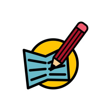 Kalem ve kağıt ikonu çizimi. Düz tasarım tarzı. Çizim elemanı tasarım eğitim logosu fikri, kitap ve kalem şeklinde. Eğitim temalı temel logo fikri