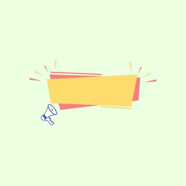 Sancaklı megafon. Düz simge. Sarı pankart beyaz arkaplanda izole edilmiş. Düz afiş çizim tasarımı ögesi. Broşürünüz, el ilanınız vs. için çerçeve Afişi