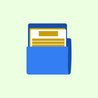 Belgeleri olan mavi bir cüzdanın düz tasarım simgesi. Belgeler için mavi klasör çizimi. Dijital belge sınıflandırma illüstrasyon tasarımı