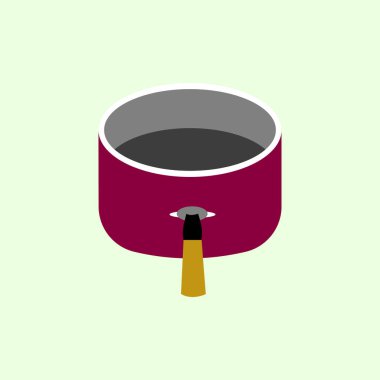 Saucepan simgesi düz stil. Mutfak aletleri. Kırmızı sos pişirme tavası ve içinde çubuksuz teflon var. Mutfak gereçlerinin tasarım elementi çizimi