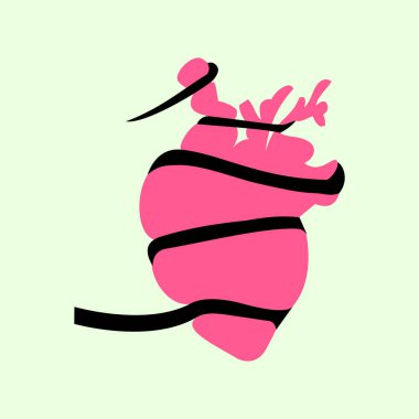 Kalp ikonu, düz tasarım tarzı. Sevgililer günü kartı. İpe sarılmış bir kalbin tasviri. Rehin tutulan bir kalbin tasarımı..