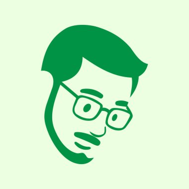 Gözlüklü, bıyıklı, sakallı, iki tonluk yeşil minimalist tarzlı, sakin ifadeli, açık yeşil arka planlı, karakter temalı, ikonlu, görsel kimlikli bir adamın resmi..