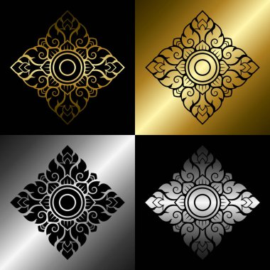 Traditional Thai art pattern set. Prajam Yam. Solid black and line art decorative design elements. Gradient gold and silver. Vector illustration.