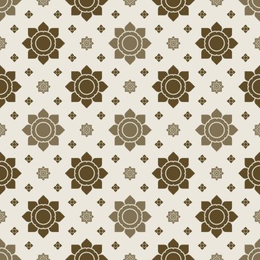 Kusursuz modern Tayland çağdaş sanat modeli. Koyu kahverengi sekizgen yapraklar. Açık kahverengi arka plan. Vektör illüstrasyonu.