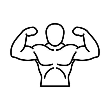 Simge, vücut geliştirici logosu. Beyaz arka planda izole edilmiş siyah çizgi sanat sembolleri. Beden eğitimi rozeti, spor pankartı, spor amblemi, egzersiz posteri için tasarım malzemeleri. Vektör illüstrasyonu.