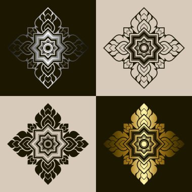 Geleneksel Tayland sanatı seti. Prajam Yam. Koyu kahverengi ve çizgi çizgisi dekoratif tasarım elementleri. Gradyan altın ve gümüş. Vektör illüstrasyonu.