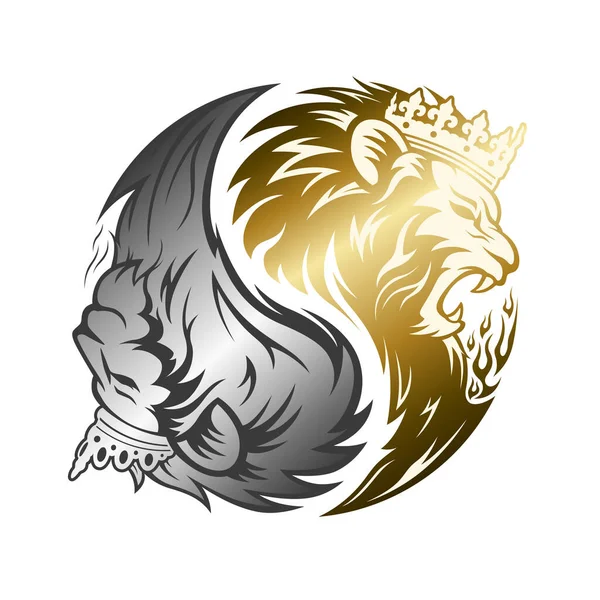 Patrón Símbolo Yin Yang Cabeza Del León Rey Reina Oro — Vector de stock