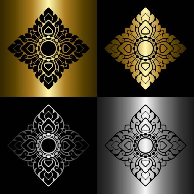 Traditional Thai art pattern set. Prajam Yam. Solid black and line art decorative design elements. Gradient gold and silver. Vector illustration.
