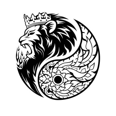 Yin Yang sembolü. Siyah aslan başı ve beyaz Tayland sanat deseni. Bir logo ya da simge tasarlamak. Vektör illüstrasyonu.