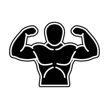 Simge, vücut geliştirici siluet logosu. Beyaz arka planda izole edilmiş siyah çizgi sanat sembolleri. Beden eğitimi rozeti, spor pankartı, spor amblemi, egzersiz posteri için tasarım malzemeleri. Vektör illüstrasyonu.