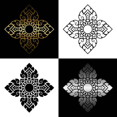 Traditional Thai art pattern set. Prajam Yam. Solid black and line art decorative design elements. Gradient gold and silver. Vector illustration.