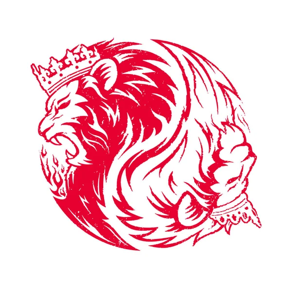 Timbre Caoutchouc Yin Yang Symbole Bord Grunge Tête Roi Lion — Image vectorielle