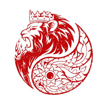 Kauçuk damga yin yang sembolü grunge edge. Kızıl Aslan Kral kafası ve beyaz Tayland sanat deseni. Bir amblem, logo ya da simge tasarla. Vektör illüstrasyonu.