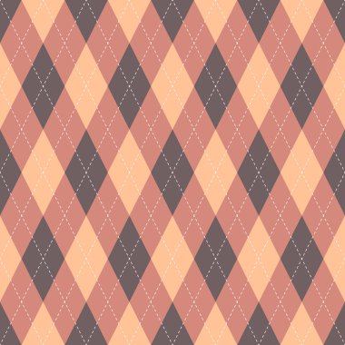 Kusursuz kahverengi eşkenar dörtgen desen. Koyu ve açık elmas şekilli arka plan, beyaz noktalı dikişler. Tekstil, giysi, kumaş, döşeme, poster, duvar için doku tasarımı. Vektör illüstrasyonu.