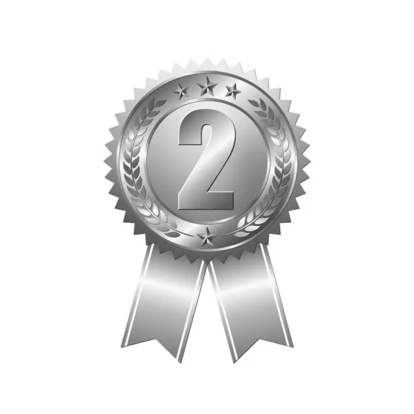 Druhá Cena Stříbrná Medaile Izolovaném Bílém Pozadí Odznak Stříbrnou Stuhou — Stockový vektor