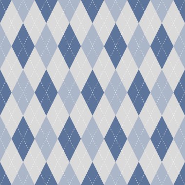 Seamless blue diamond shaped argyle pattern. Pastel rhombus background white dotted line. Texture design for textiles, clothes, fabrics, tiles, posters, walls. Vector illustration. clipart