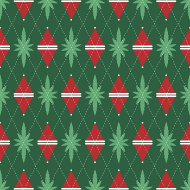 Soyut arka plan dikişsiz kırmızı ve yeşil elmas şekilli. Argyle tarzı kumaş desenli Noel şapkası ve marihuana yaprakları. Tekstil, kıyafet, posterler, duvarlar için doku tasarımı. Vektör illüstrasyonu.