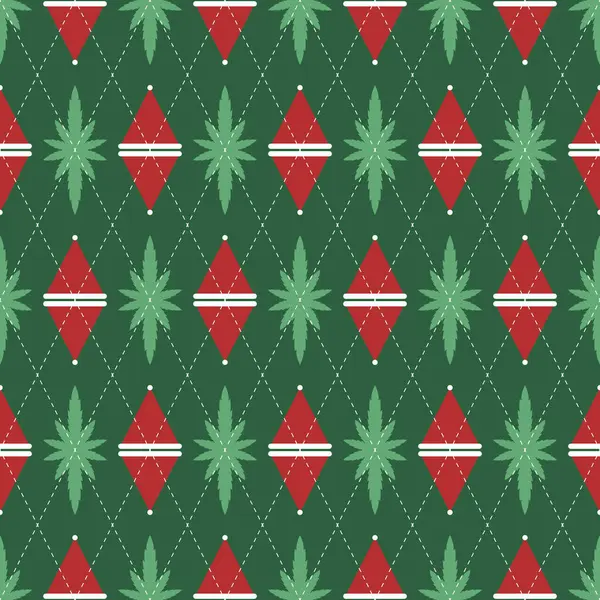 抽象的な背景 シームレスな赤と緑のダイヤモンドの形状 アーガイル様式の生地のパターン クリスマスの帽子およびマリファナの葉 ポスター 壁のためのテクスチャの設計 ベクトルイラスト — ストックベクタ