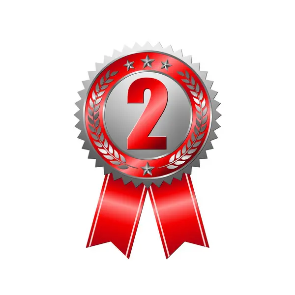 Druhá Cena Stříbrná Medaile Izolovaném Bílém Pozadí Odznak Červenou Stuhou — Stockový vektor