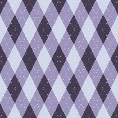 Kusursuz mor eşkenar dörtgen desen. Koyu ve açık elmas şekilli arka plan, beyaz noktalı dikişler. Tekstil, giysi, kumaş, döşeme, poster, duvar için doku tasarımı. Vektör illüstrasyonu.