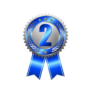 İzole edilmiş beyaz arka planda ikinci gümüş madalya. Mavi kurdeleli ödül rozeti. Yarışma oyunlarında zaferin sembolü. Vektör illüstrasyonu.