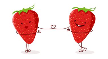 Mutlu çizgi film karakterleri el ele tutuşuyor. Çiftler birbirlerine sevgi, şefkat ve sempati gösteriyorlar. Bir çift tatlı ve lezzetli küçük çilek.