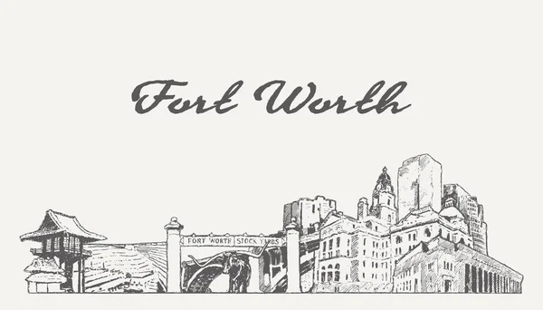 Fort Worth Skyline Texas Usa Hand Drawn Sketch Vector Illustration — 스톡 벡터