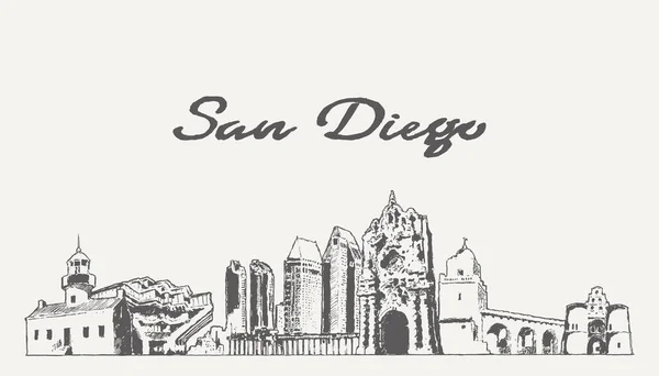 San Diego Skyline California Usa Hand Drawn Sketch Vector Illustration — Stock vektor