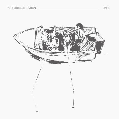 Fisherman on a boat fishing with a rod. Vector illustration