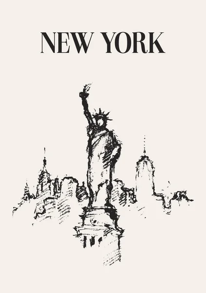 Skica Panorama New Yorku Sochou Svobody Vepředu Vektorová Ilustrace — Stockový vektor