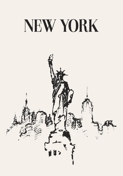 Sketch New York City Skyline Statue Liberty Front Ilustração Vetorial —  Vetores de Stock