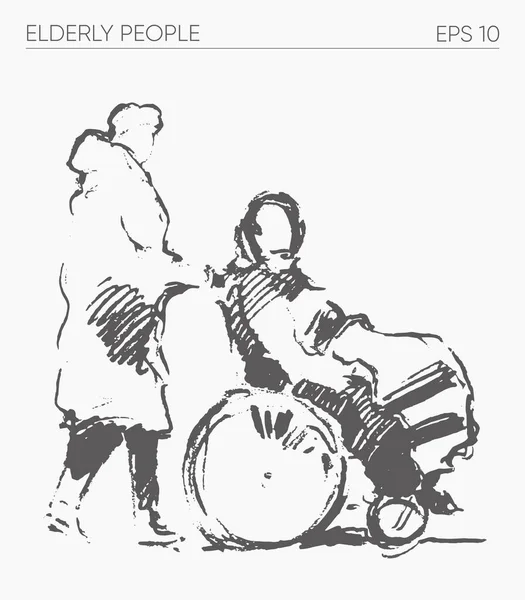 Συνοδός Οδηγεί Ένα Άτομο Αναπηρική Καρέκλα Ζωγραφισμένο Στο Χέρι Διανυσματική — Διανυσματικό Αρχείο