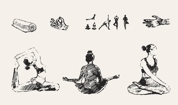 Raccolta Disegnata Mano Esercizi Yoga Stile Vita Sano Illustrazione Con — Vettoriale Stock