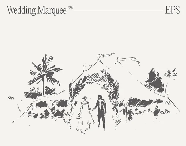 木々や斜面に囲まれた結婚式のアーチの下に立っている花嫁とグロムの黒と白の描画 — ストックベクタ