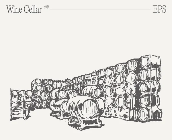 ワインセラーのイラストは 組織された生物の芸術的な芸術作品に似て 長方形の形成に積み重ねられた樽を展示しています — ストックベクタ