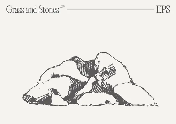モノクロマティックなアートワークは 原始の白い背景にある草や岩の複雑な詳細なイラストを描いています — ストックベクタ