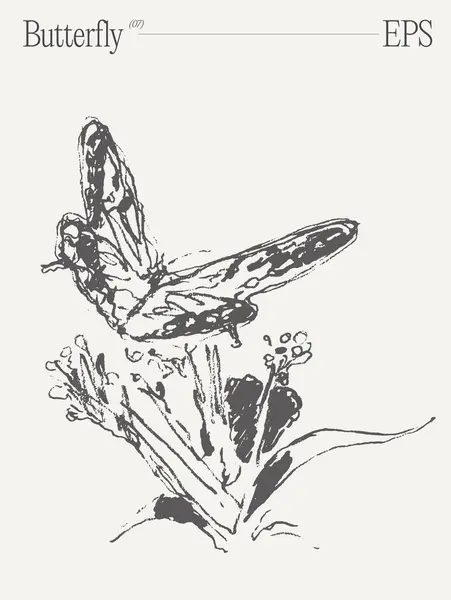 Una Ilustración Monocromática Con Una Mariposa Sobre Una Flor Mostrando — Archivo Imágenes Vectoriales